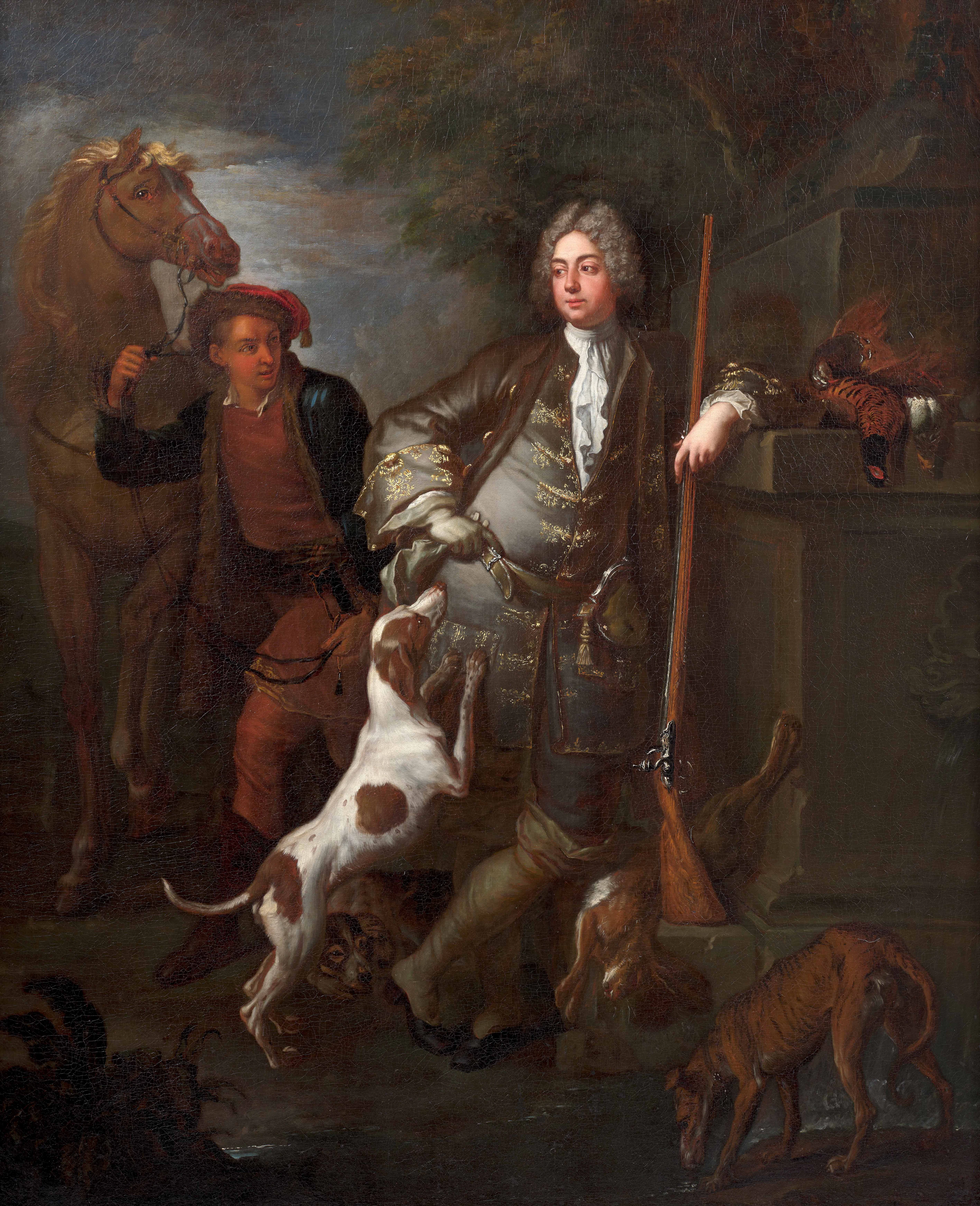 - Portrait d’un chasseur avec ses chiens et un serviteur tenant son cheval