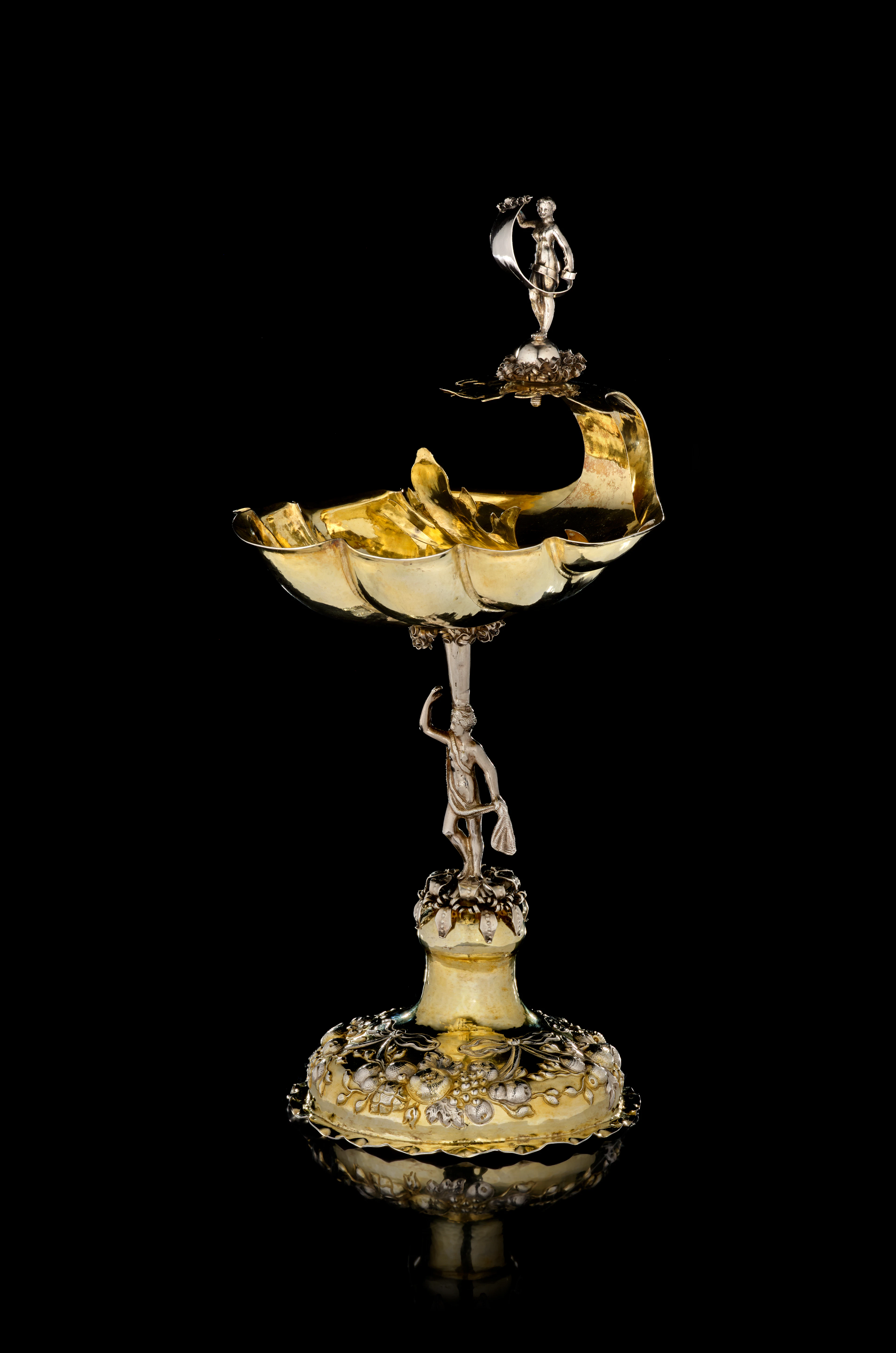 A large German parcel-gilt silver shell cup, Martin Mair, Augsburg, 1689-1692