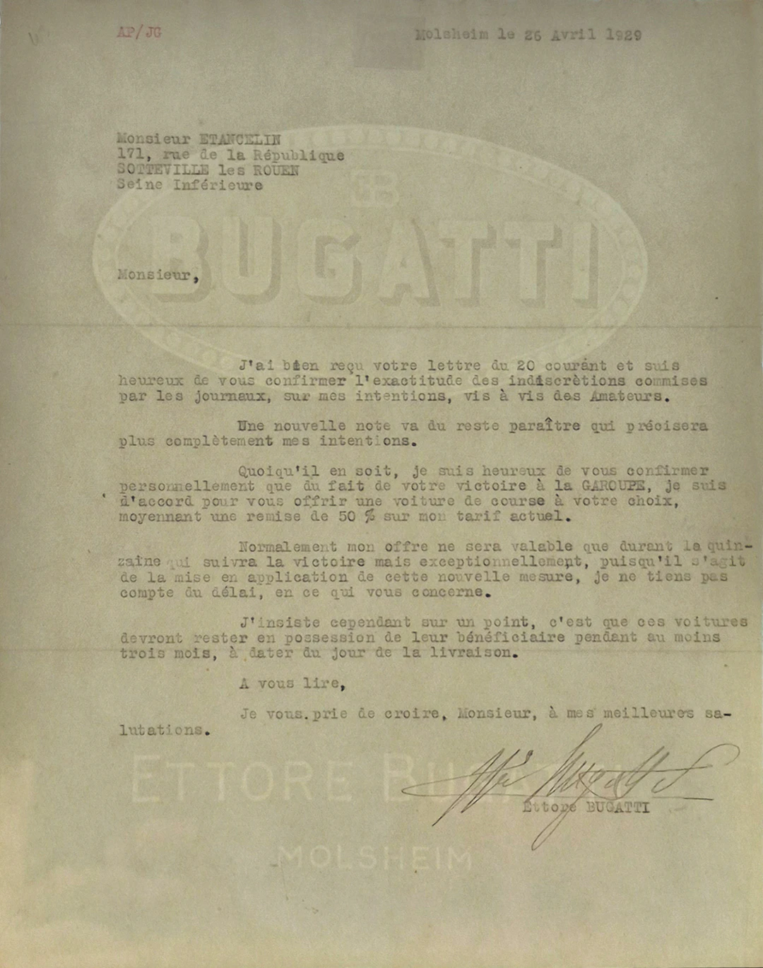 1929 Signed letter from Ettore Bugatti to Philippe Etancelin No reserve