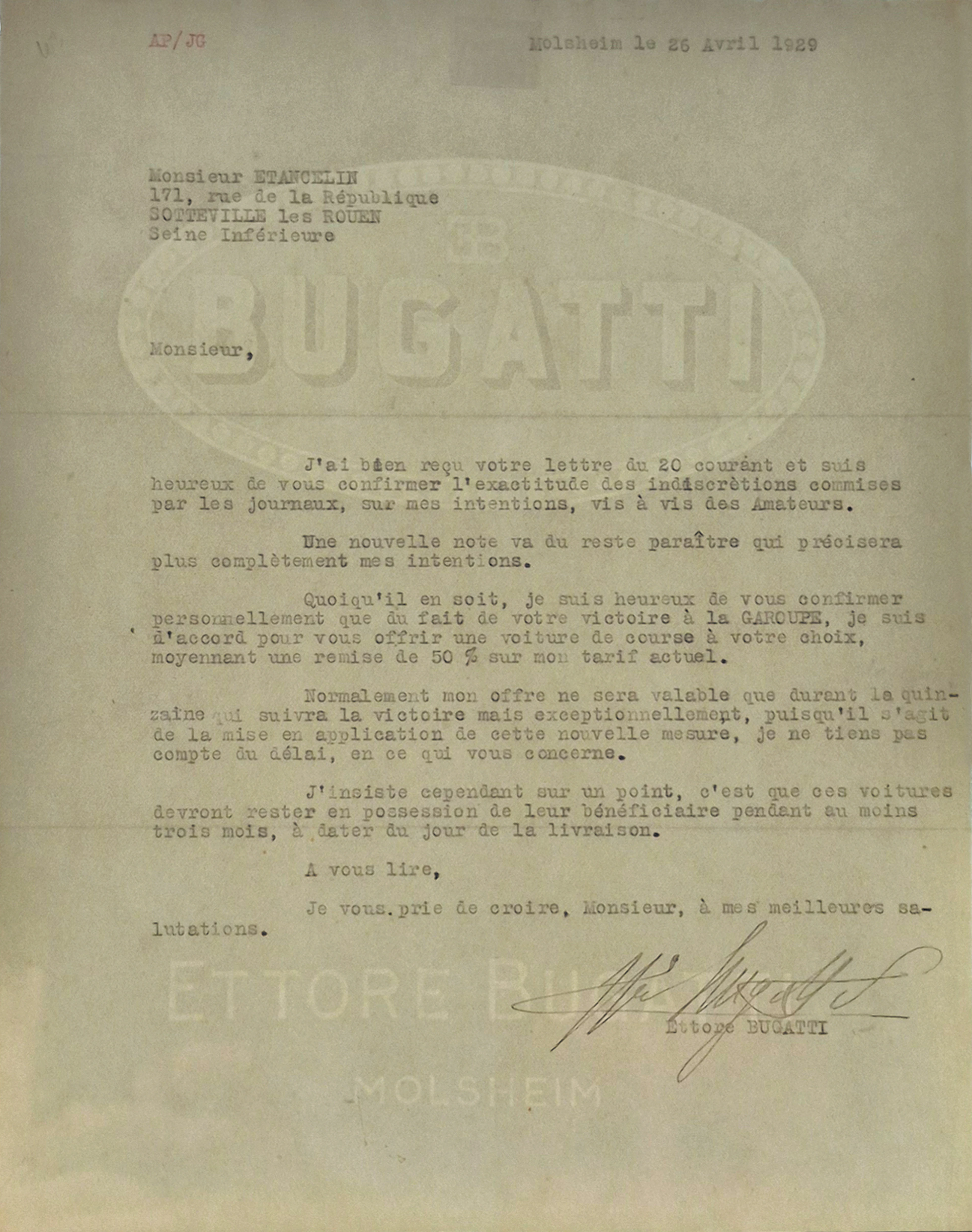1929 Signed letter from Ettore Bugatti to Philippe Etancelin No reserve