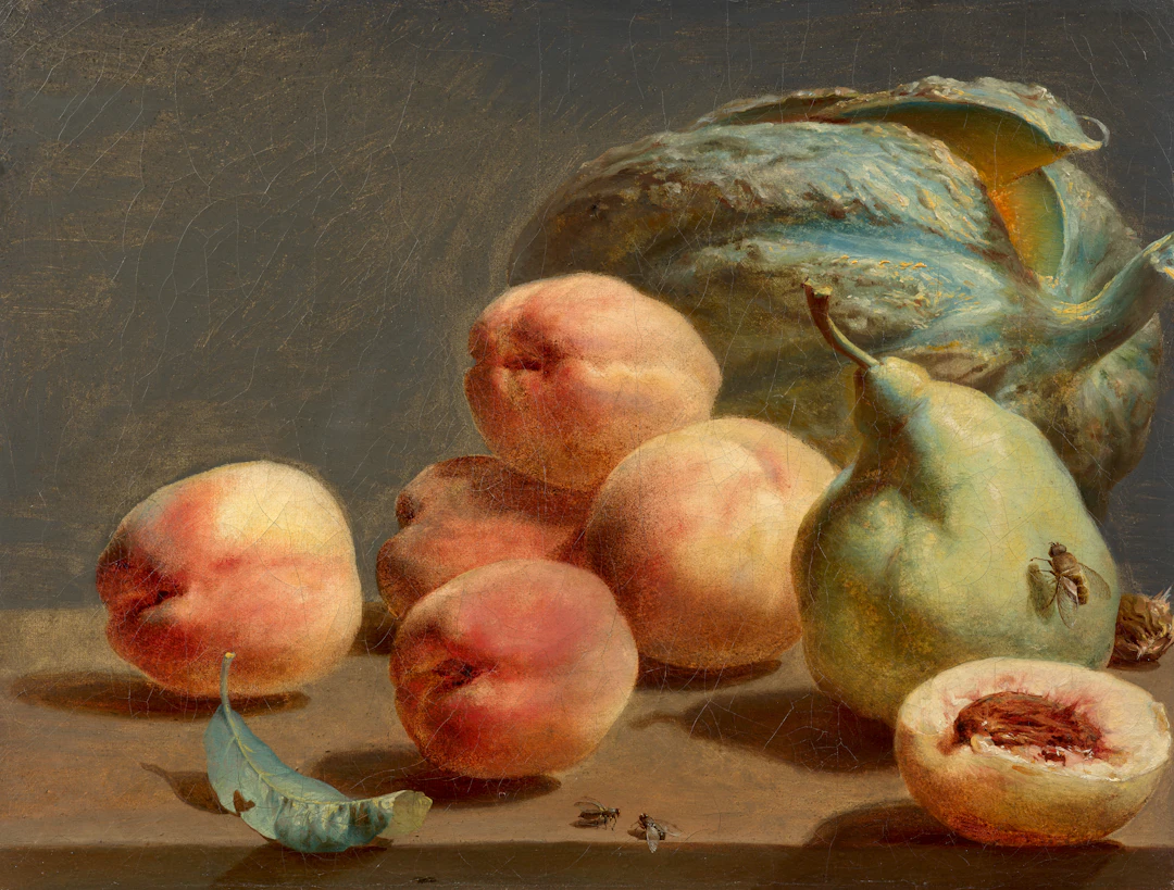 Antoine BERJON Lyon, 1754-1843 Poire, courge, pêches, abeille et mouches