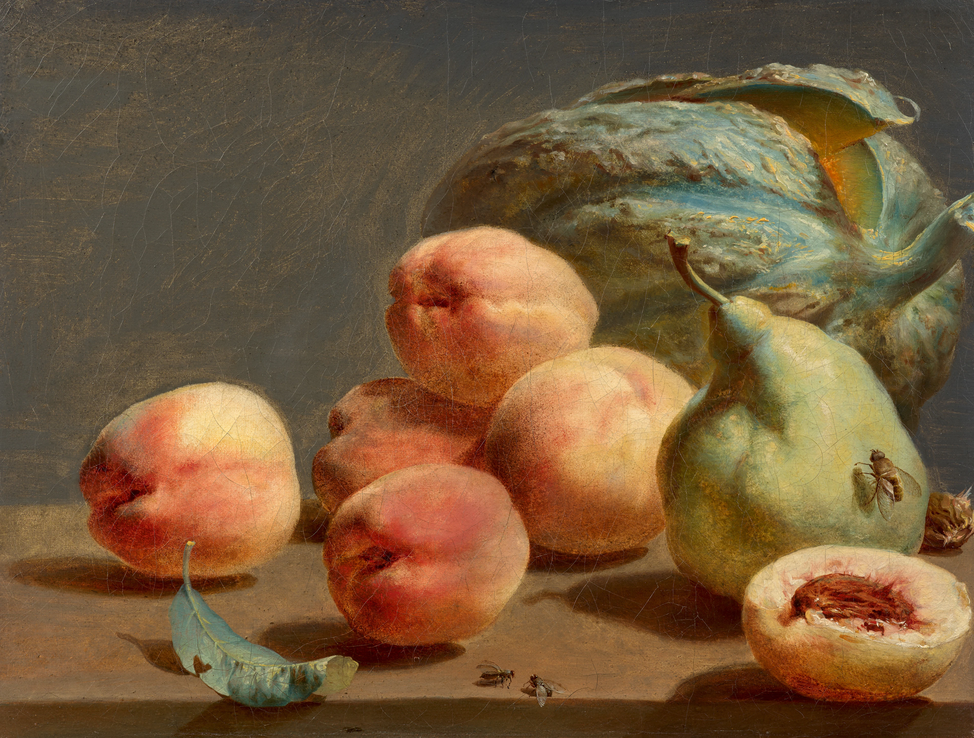 Antoine BERJON Lyon, 1754-1843 Poire, courge, pêches, abeille et mouches