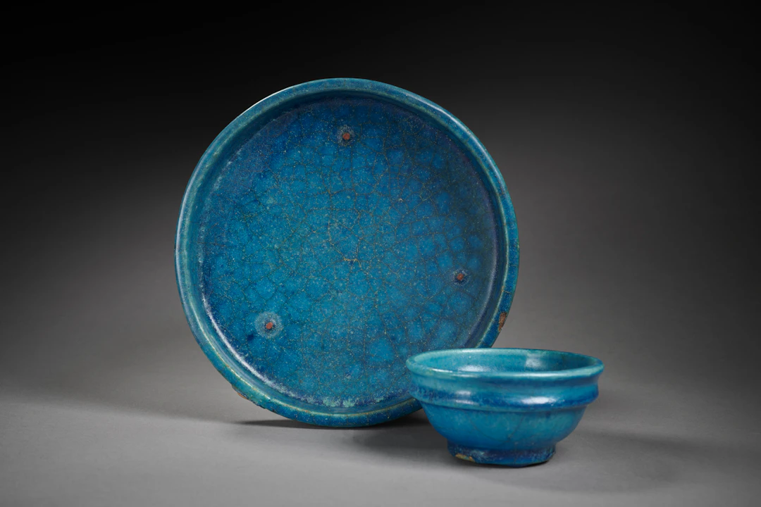 An Egyptian turquoise faience dish and a bowl