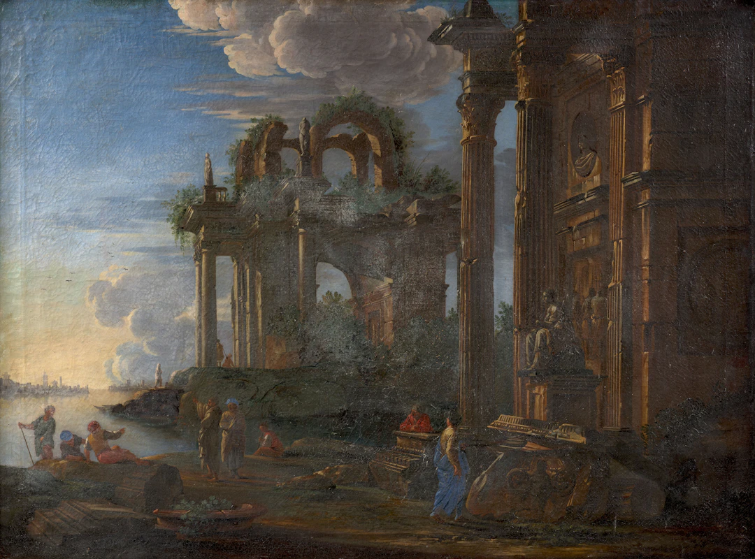 Attribué à Giovanni GHISOLFI Milan, 1623-1683 Rivage animé de ruines