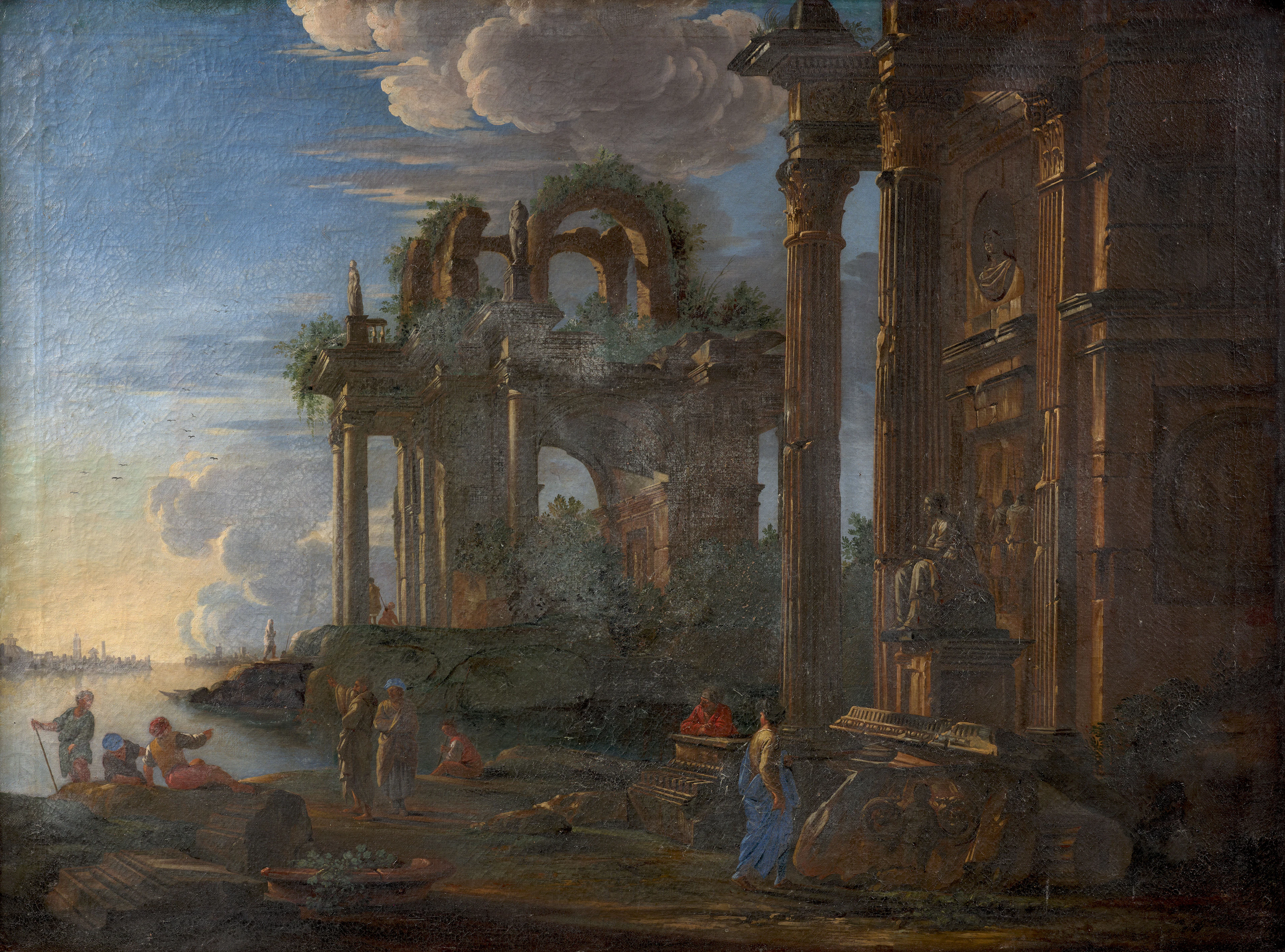 Attribué à Giovanni GHISOLFI Milan, 1623-1683 Rivage animé de ruines