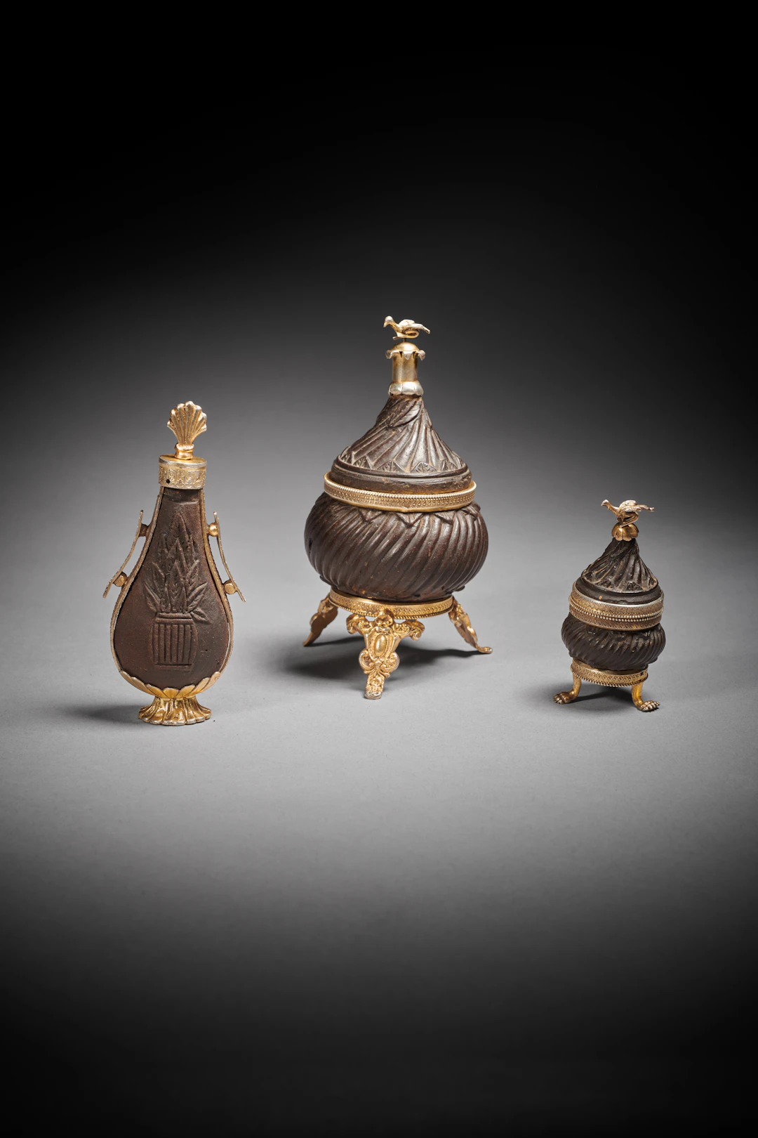 A Silver-Gilt-Mounted Carved Hardwood Beauty Set