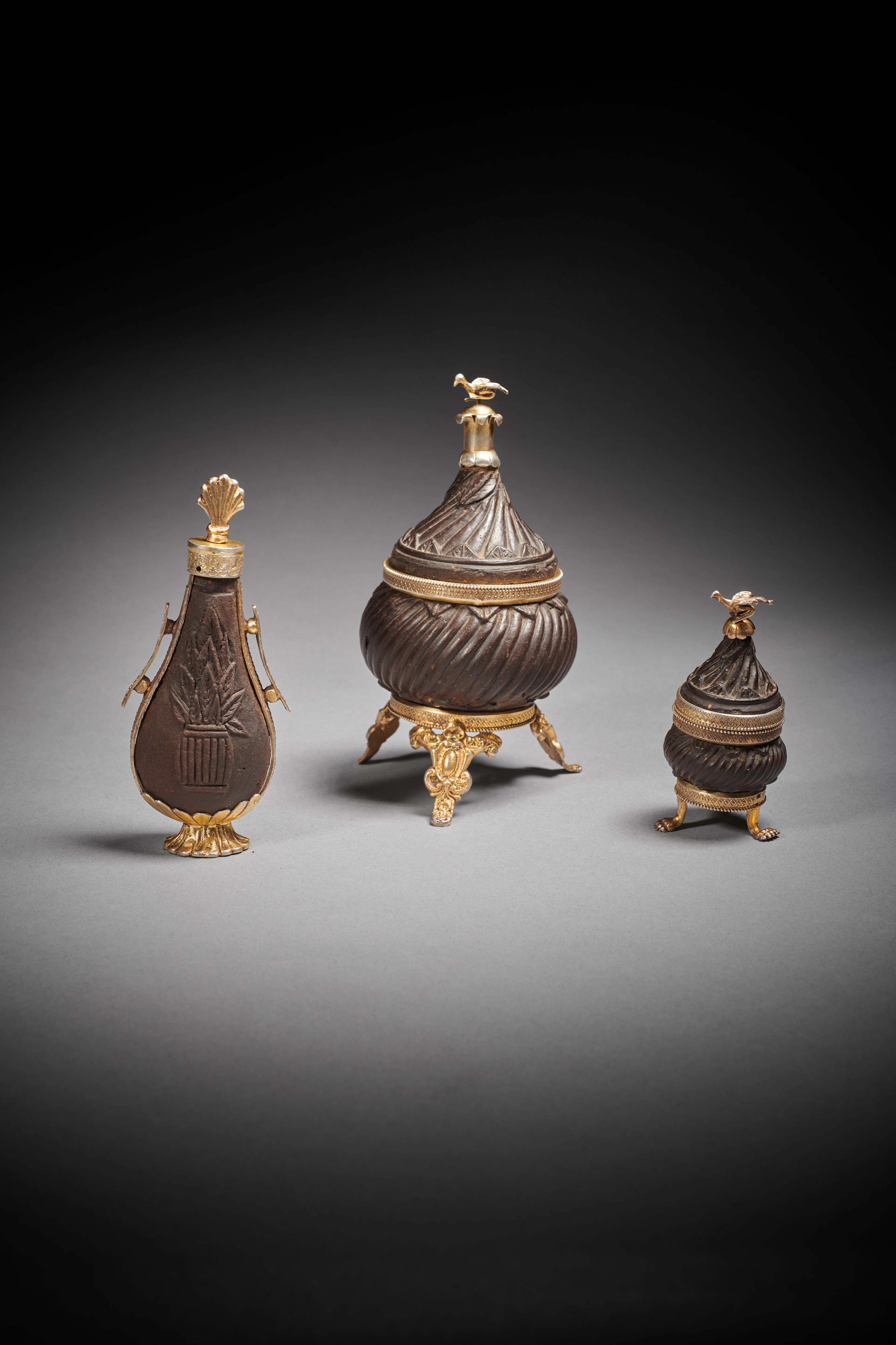 A Silver-Gilt-Mounted Carved Hardwood Beauty Set