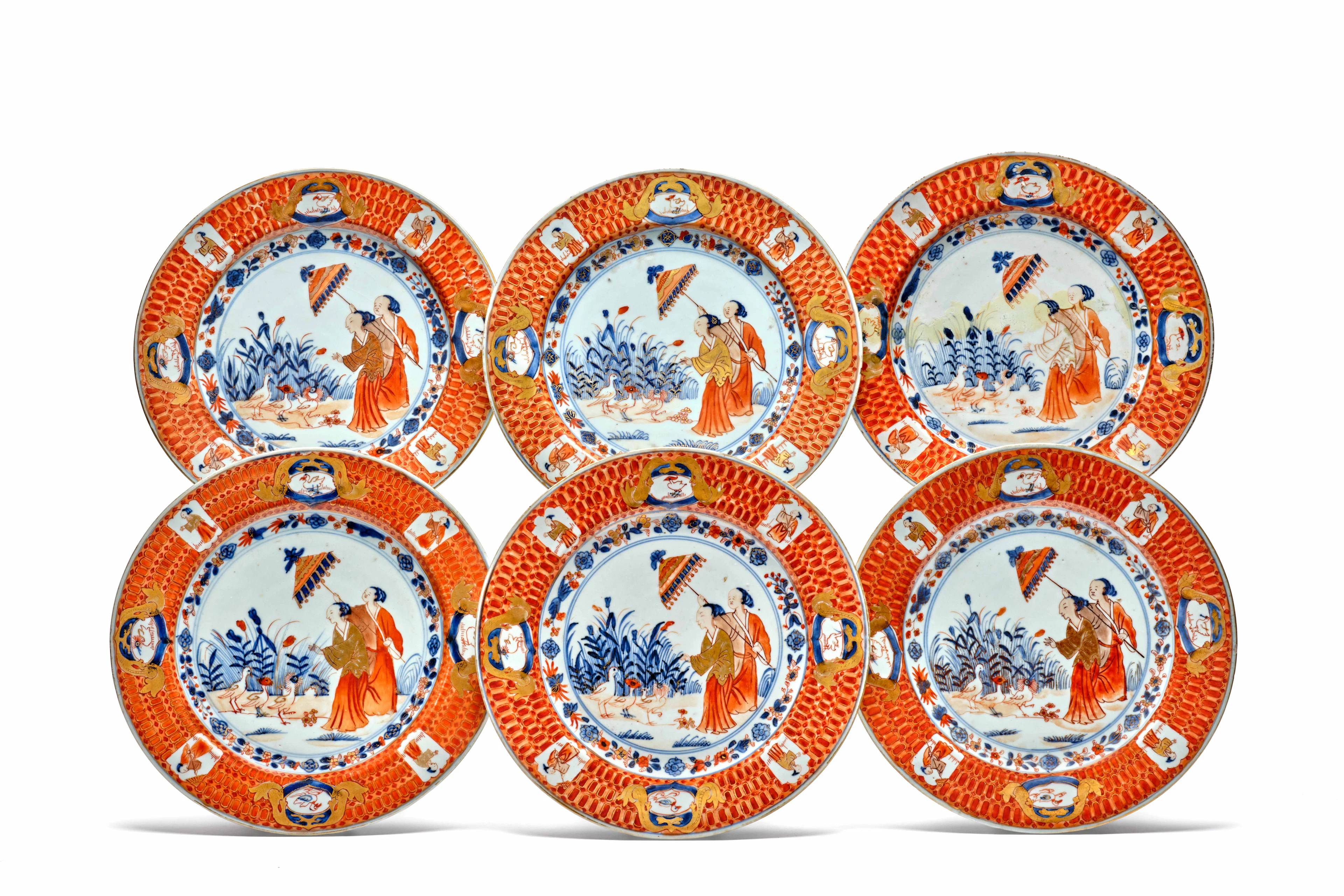 SUITE DE SIX ASSIETTES EN PORCELAINE IMARI CHINOIS, Chine, dynastie