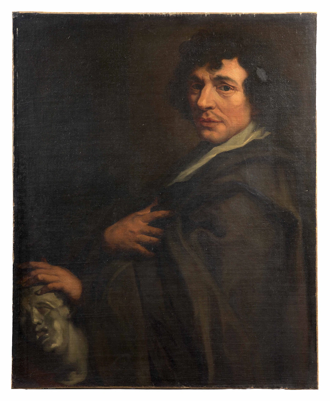 École flamande vers 1640 Portrait d'amateur tenant une sculpture antique