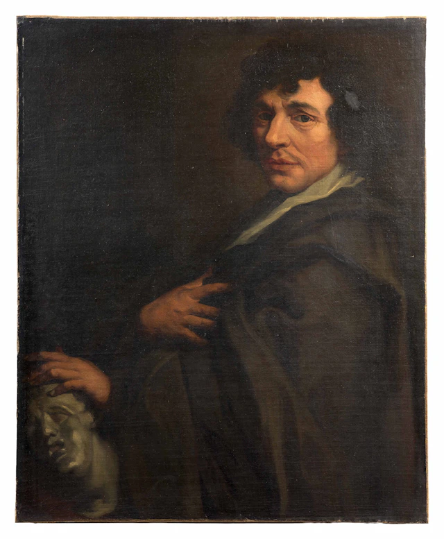 École flamande vers 1640 Portrait d'amateur tenant une sculpture antique