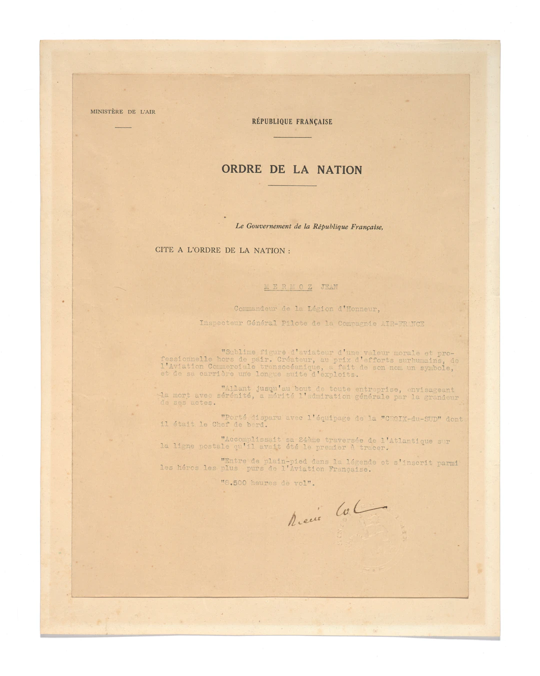 CITATION À L’ORDRE DE LA NATION DU MINISTERE DE L’AIR AU NOM DE JEAN