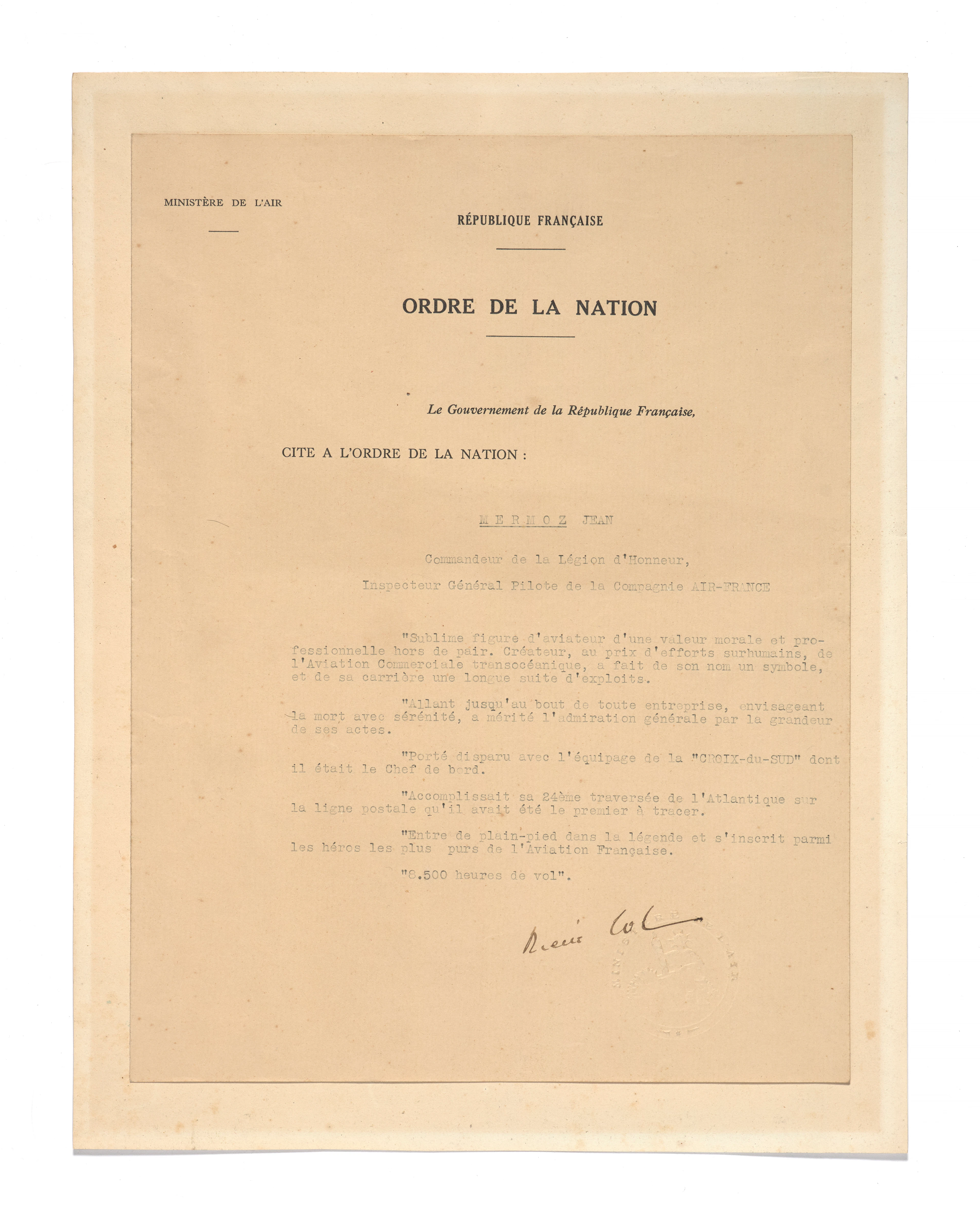 CITATION À L’ORDRE DE LA NATION DU MINISTERE DE L’AIR AU NOM DE JEAN