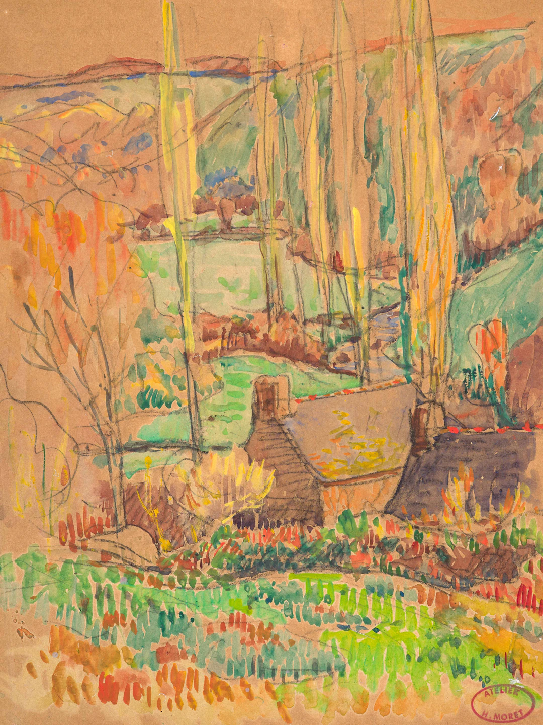 Maisons près des peupliers - circa 1896