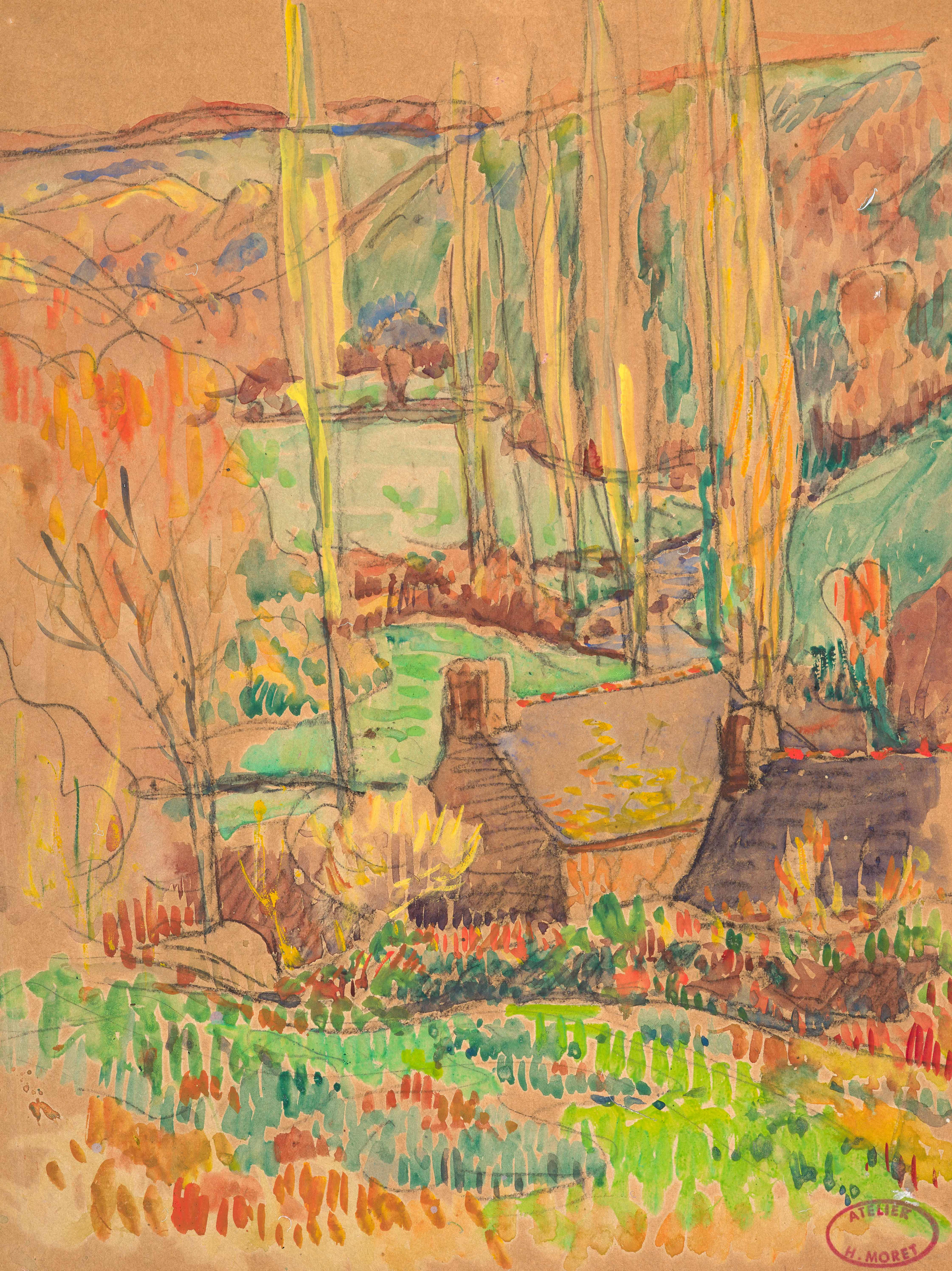 Maisons près des peupliers - circa 1896