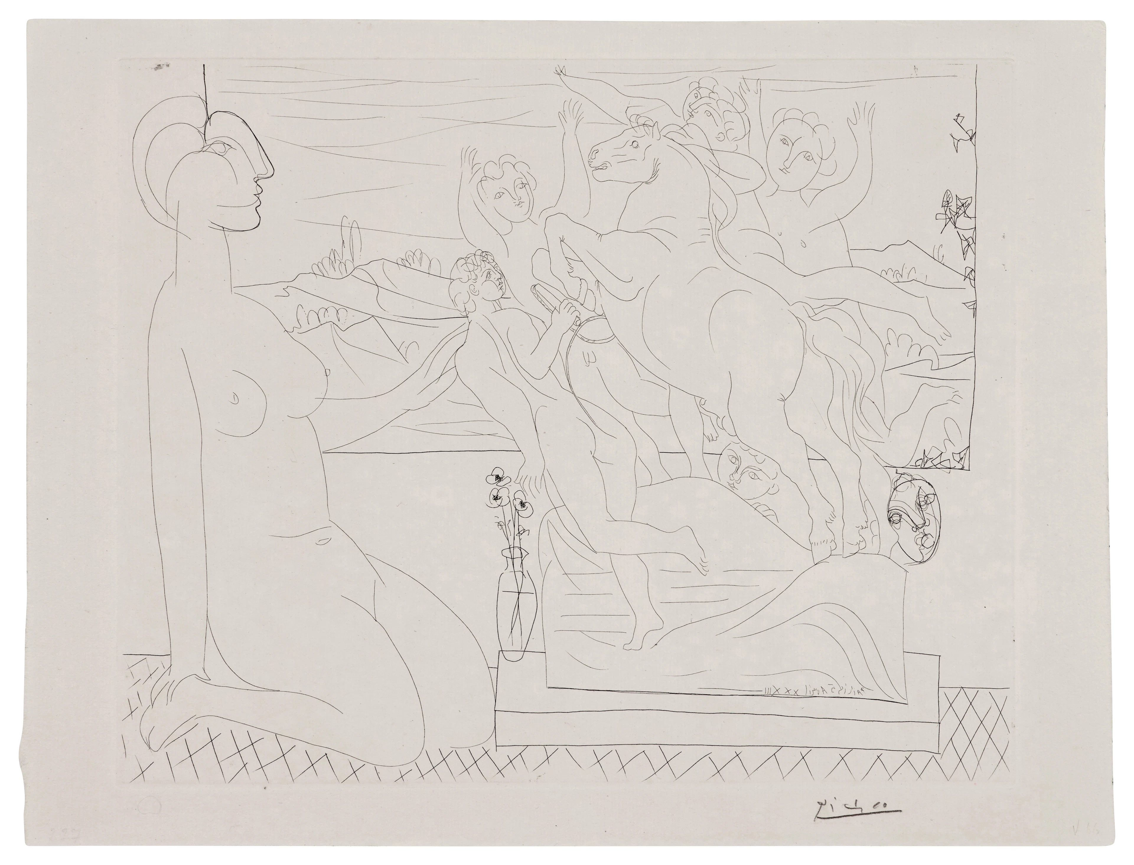 Pablo PICASSO (1881 - 1973) Modèle contemplant un Groupe sculpté - 1933
