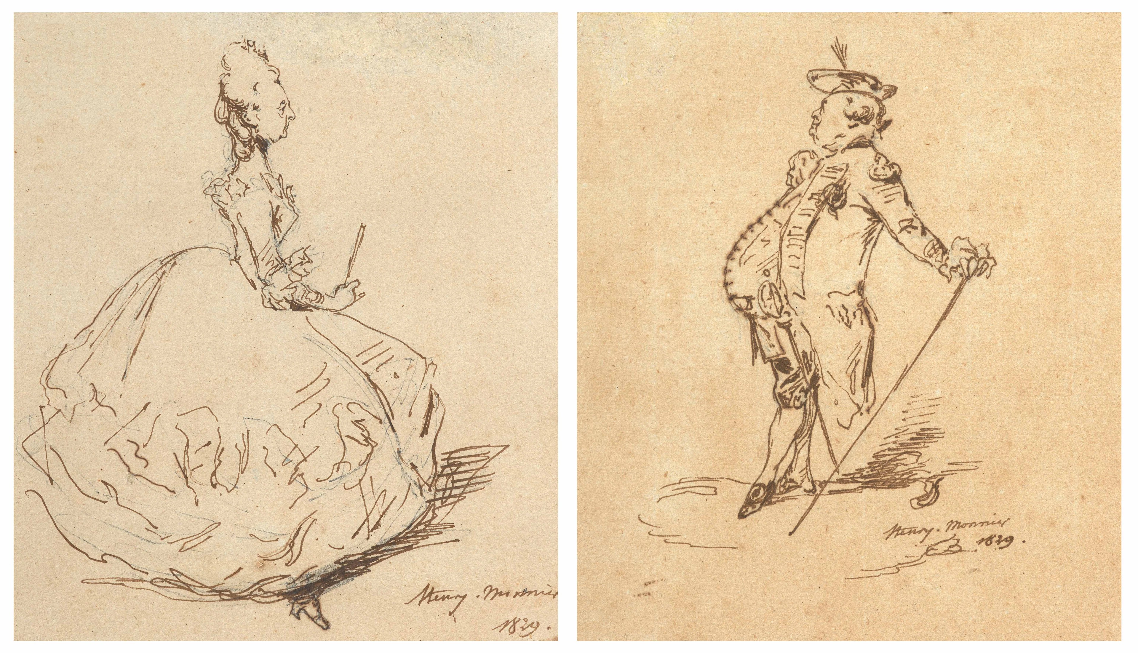 Henry MONNIER Paris, 1799 - 1877 Paire de caricatures : un homme à