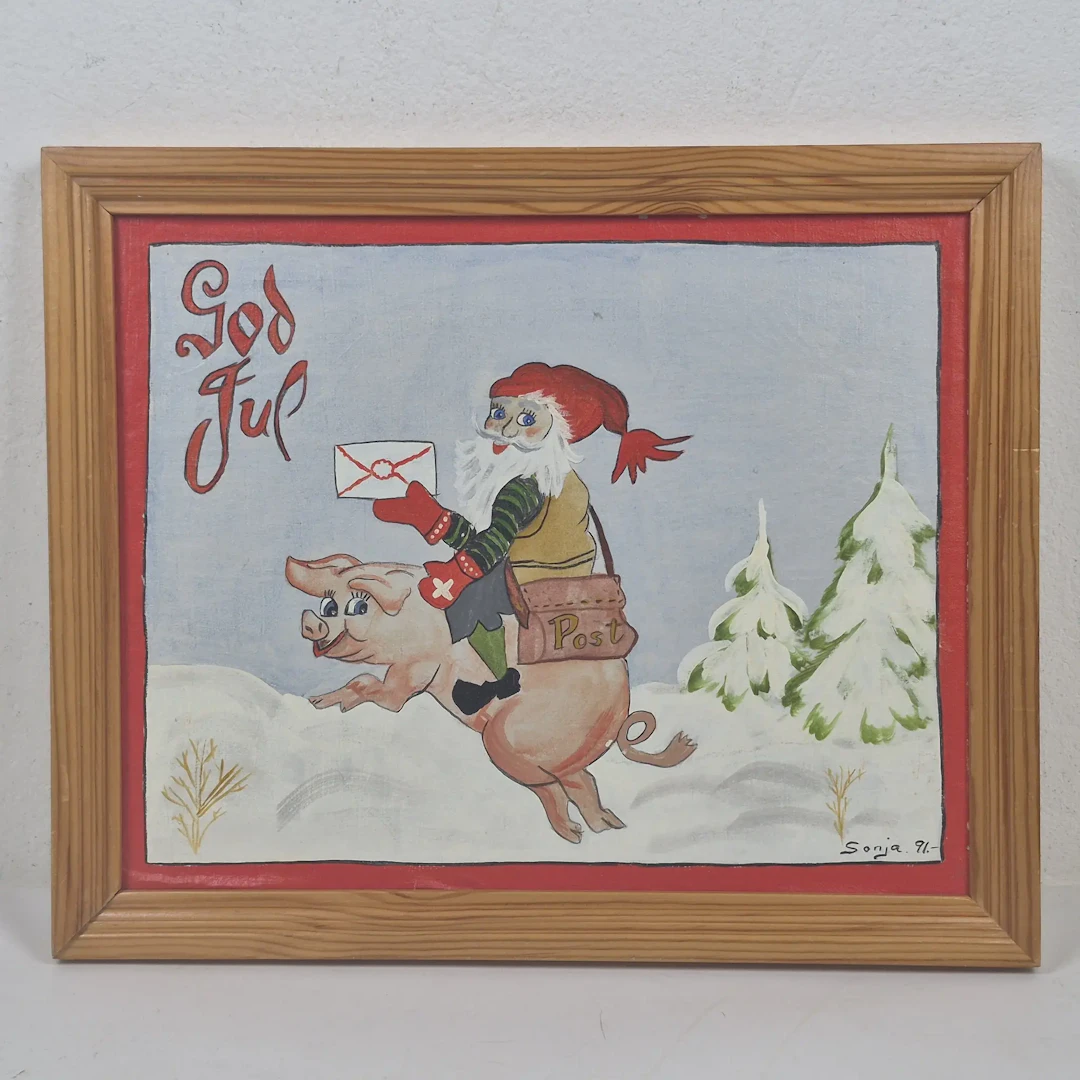 Sonja - Tomte på gris - Olja på pannå - Signerad - Oidentifierad konstnär