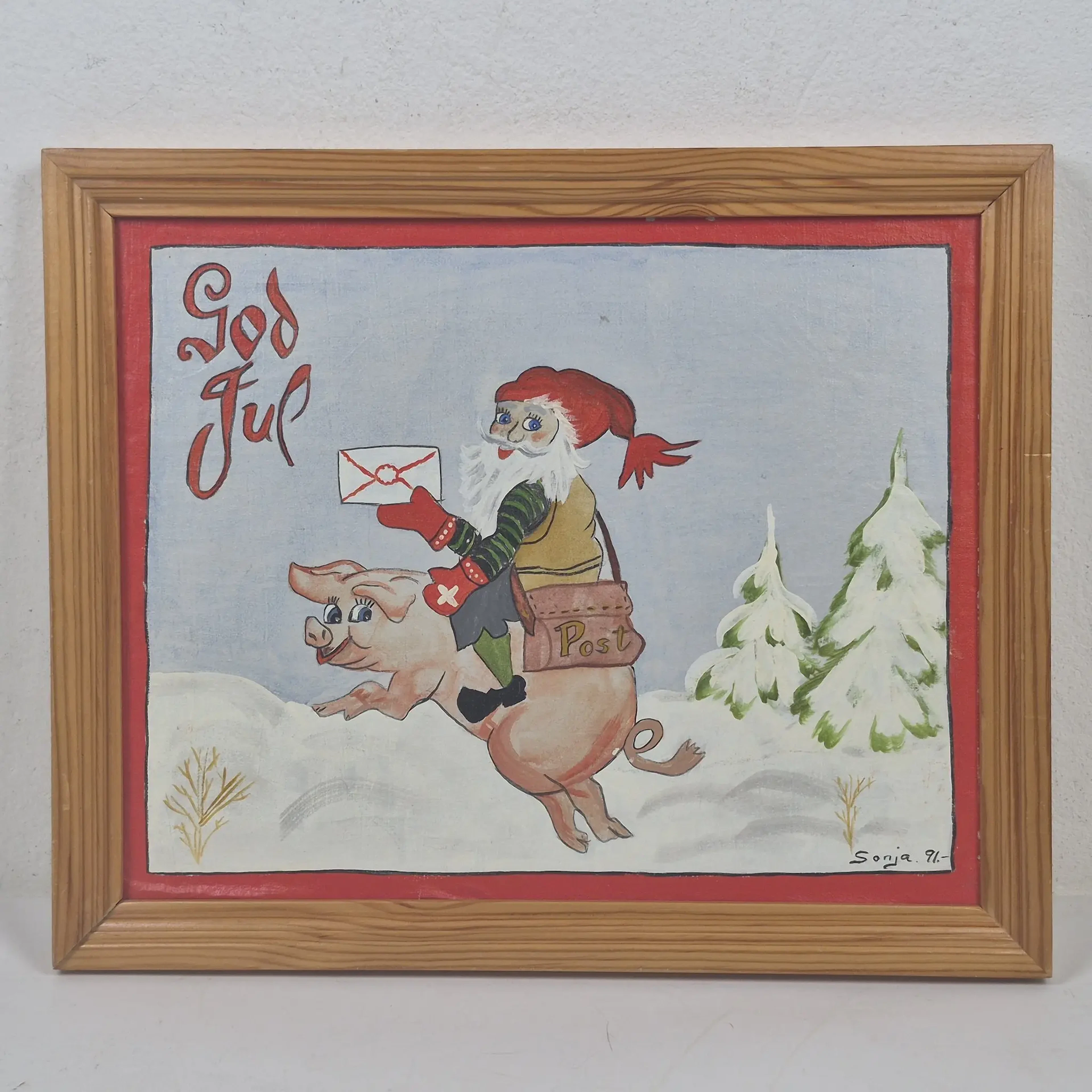 Sonja - Tomte på gris - Olja på pannå - Signerad - Oidentifierad konstnär