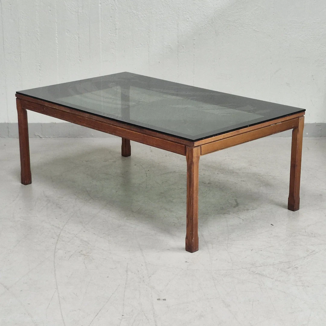 Soffbord i trä med glasskiva - Glasbord - Sidobord - Träbord - Bord - 1970 tal