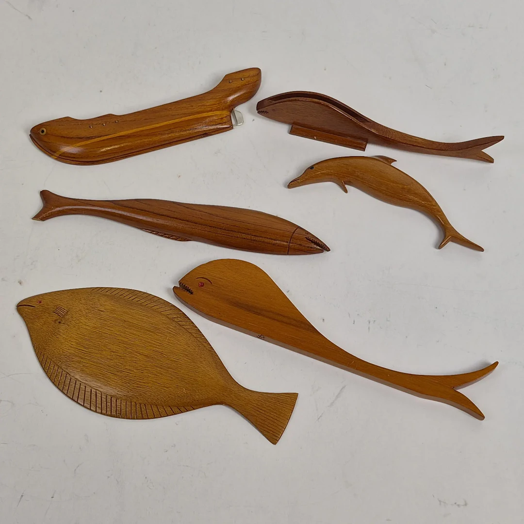 6st. Träföremål - Träfiskar - Träfigurer - Hantverk - Teak
