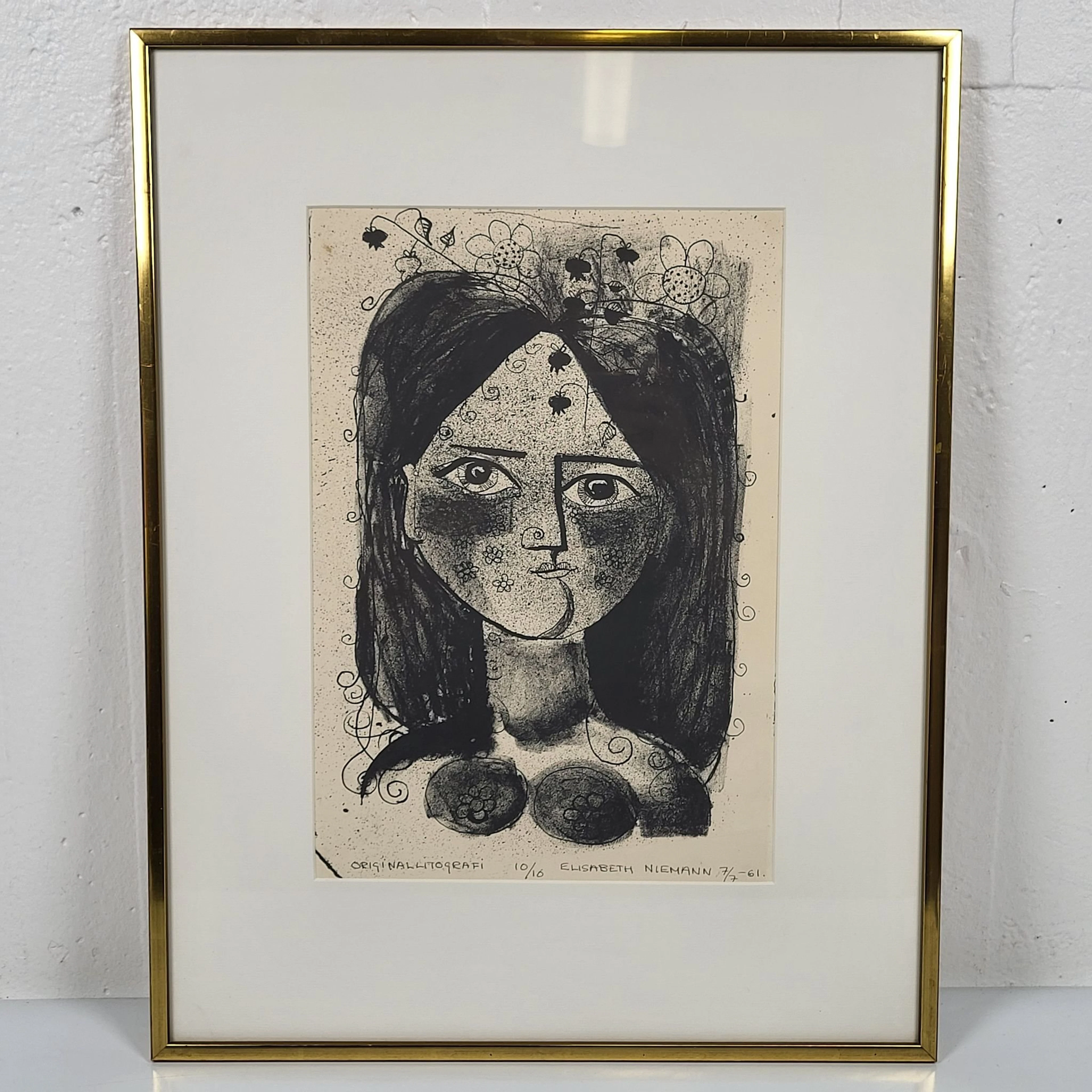 Elisabeth Niemann - Inramad originallitografi - 10/10 - 1961 - Litografi