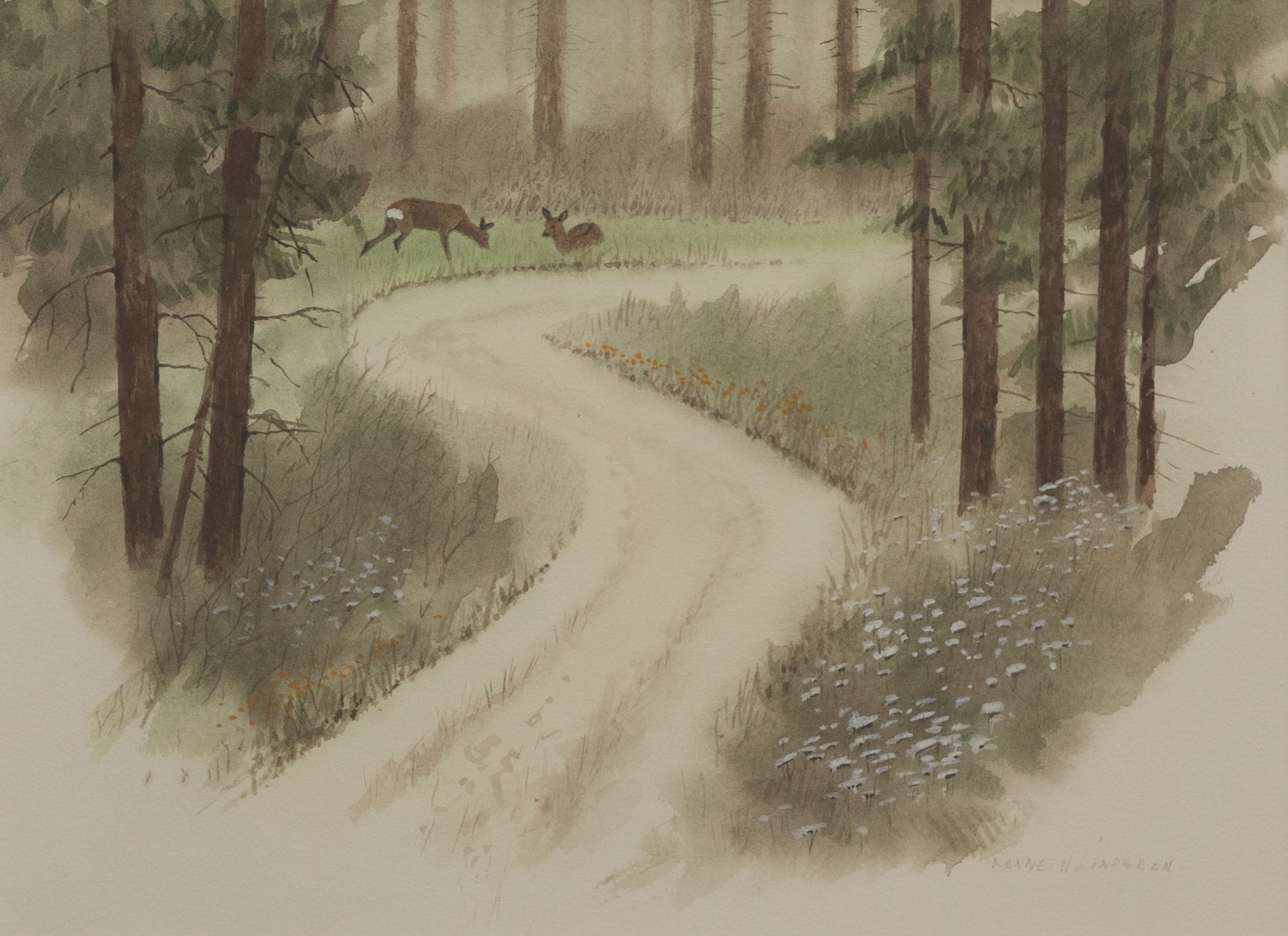 KENNETH LINDGREN (FÖDD 1937). Rådjur vid väg i skogslandskap, akvarell
