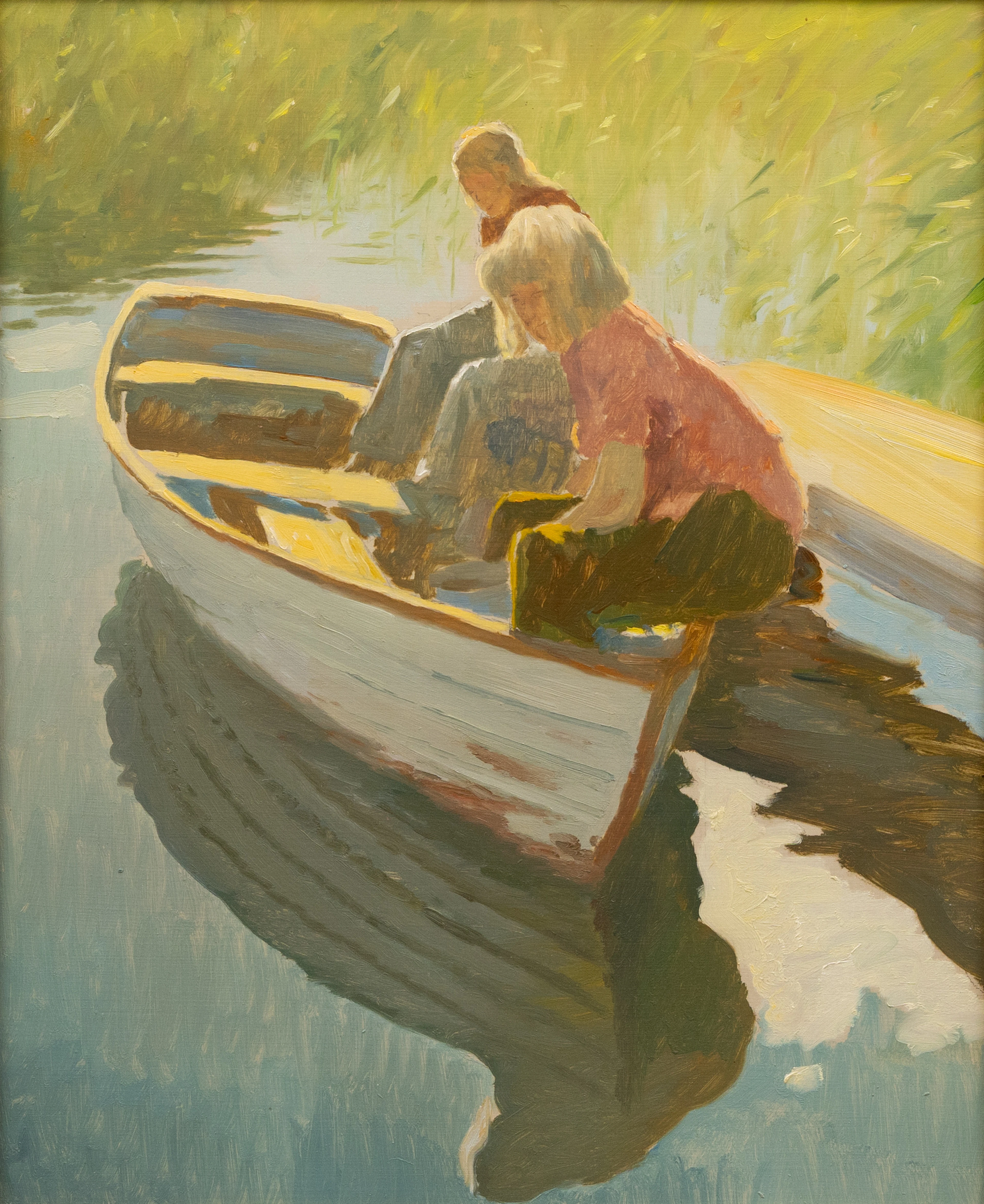 GUSTAF CARLSTRÖM (1896-1964). Tillskriven. Två kvinnor i en eka, olja