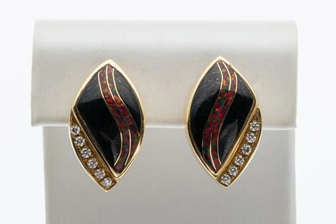 14K Onyx, Opal and Diamond Earrings