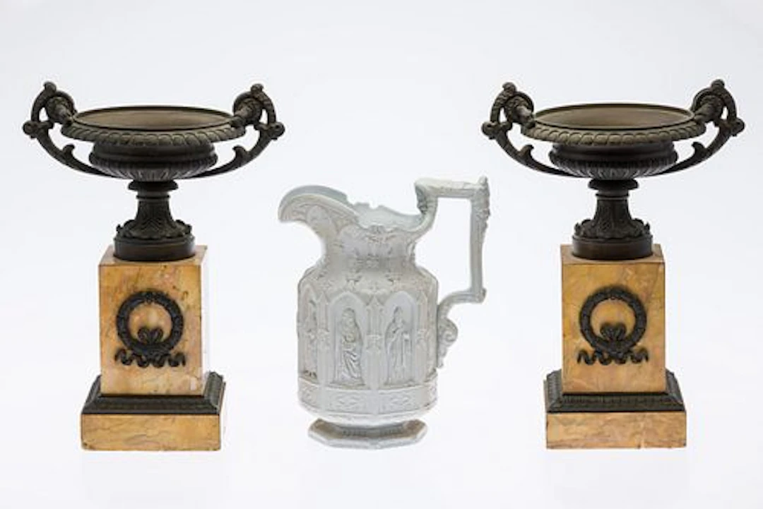 Pair Urns & Stoneware Gothic Style Pitcher, 19th C