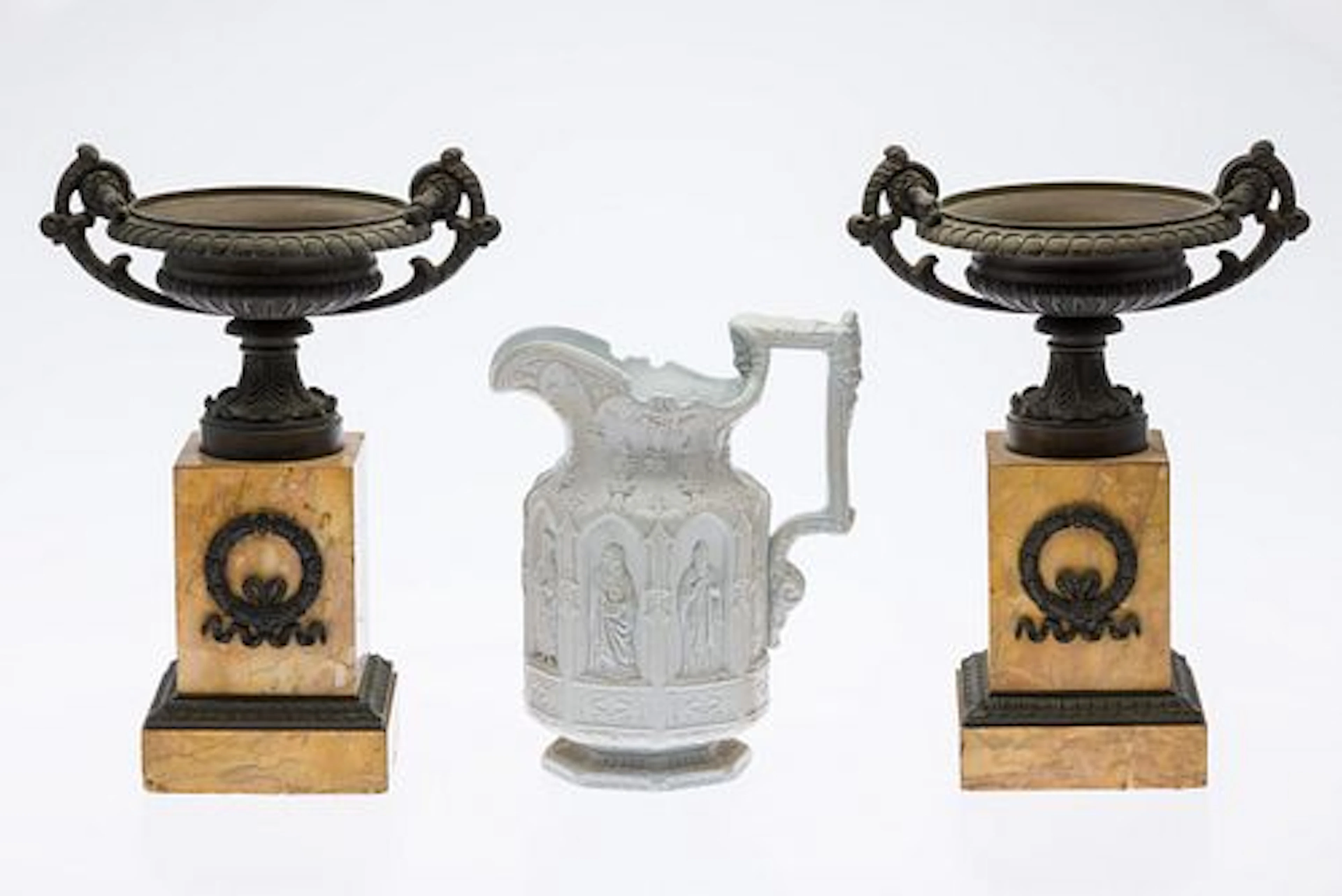 Pair Urns & Stoneware Gothic Style Pitcher, 19th C