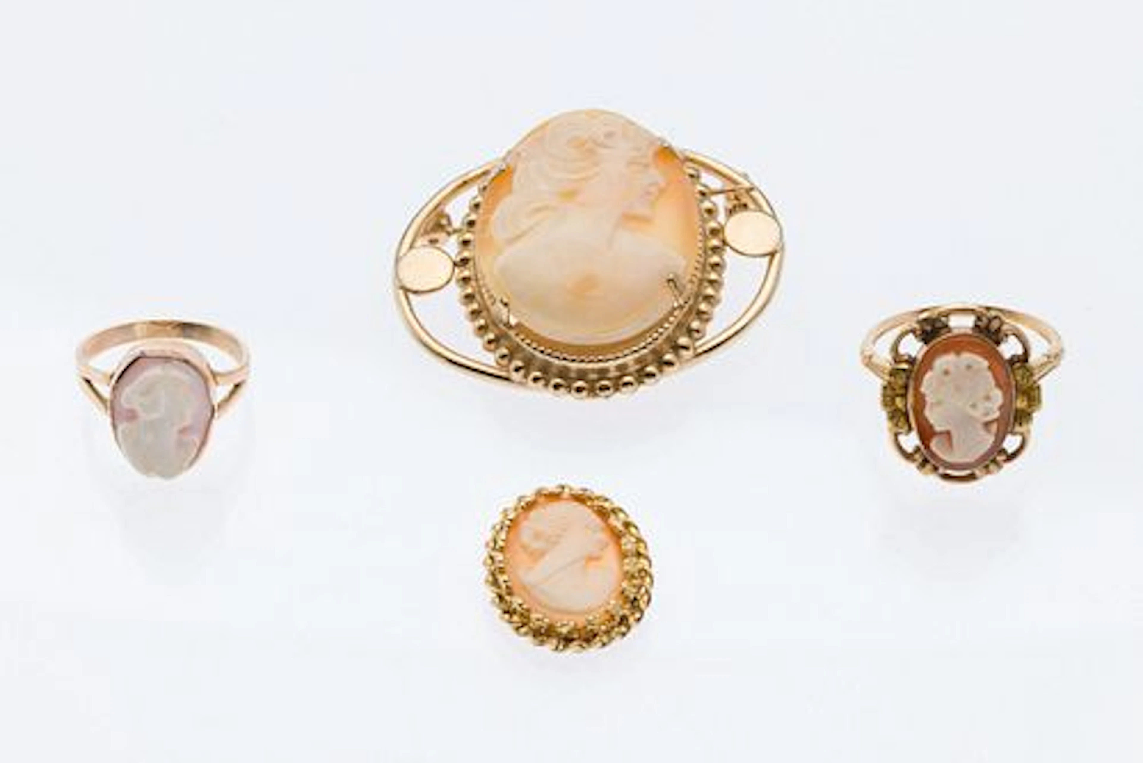 Two 14K Cameo Rings, 14K Cameo Pendant & 10K Brooch
