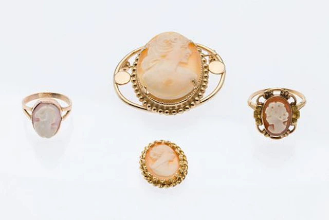 Two 14K Cameo Rings, 14K Cameo Pendant & 10K Brooch
