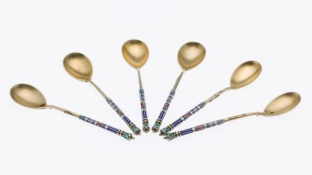 6 Russian Sterling and Enamel Demitasse Spoons