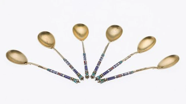 6 Russian Sterling and Enamel Demitasse Spoons