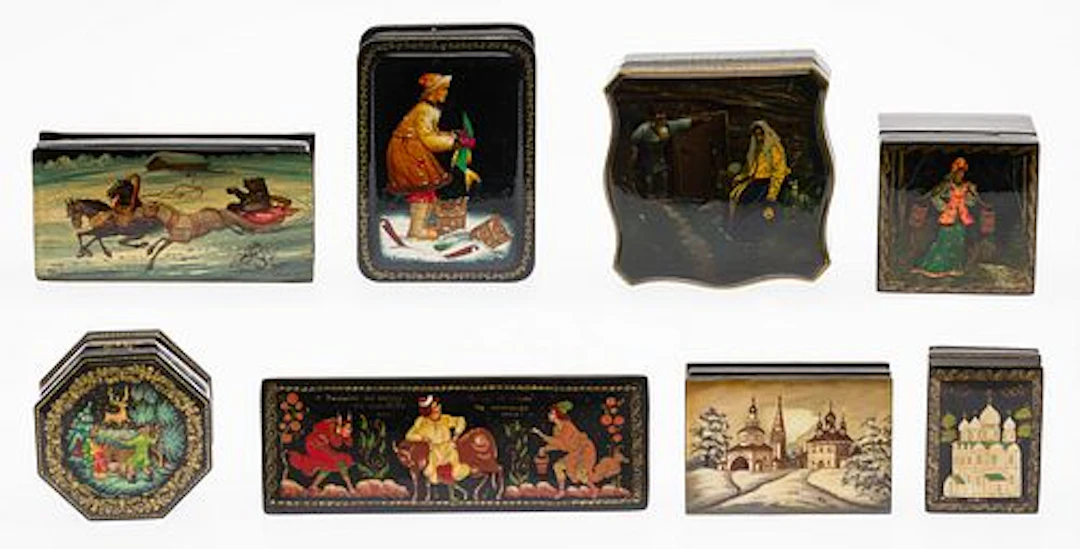8 Russian Hand-Painted Lacquer Painted Boxes