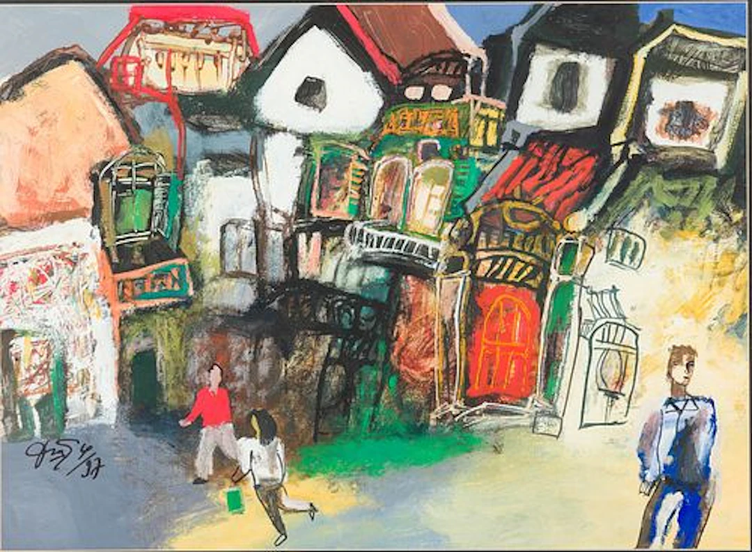 Initialed, Village Scene, Gouache on Paper, 1997