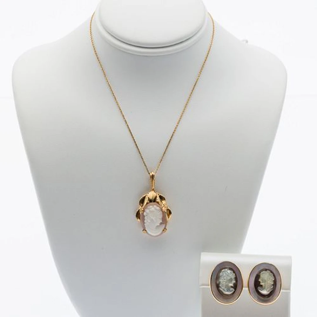 14K Cameo Pendant & Mother-of-Pearl Cameo Earrings