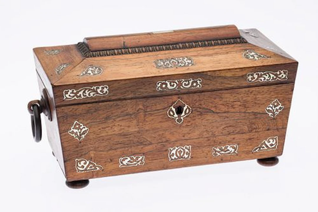 English Rosewood MOP Inlaid Tea Caddy, 19th C