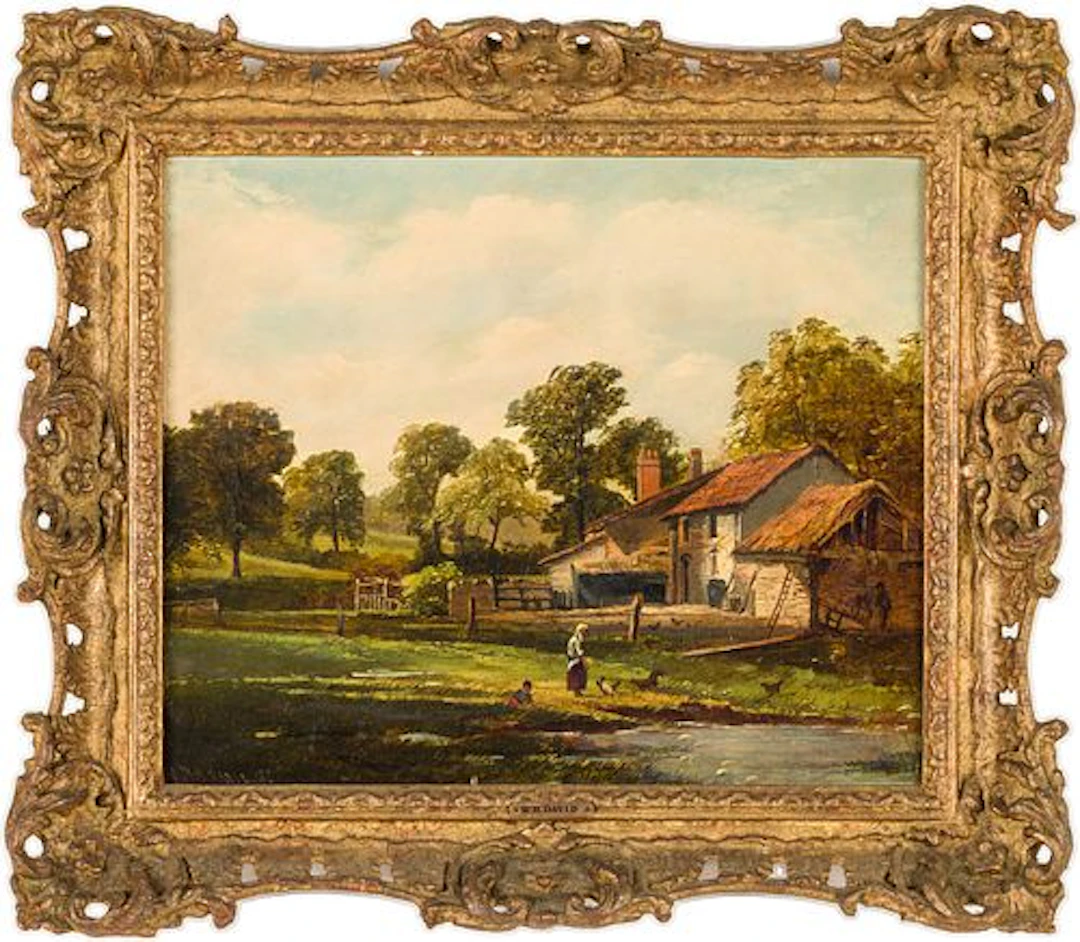 British School, Landscape Scene Farm Buildings, Oil