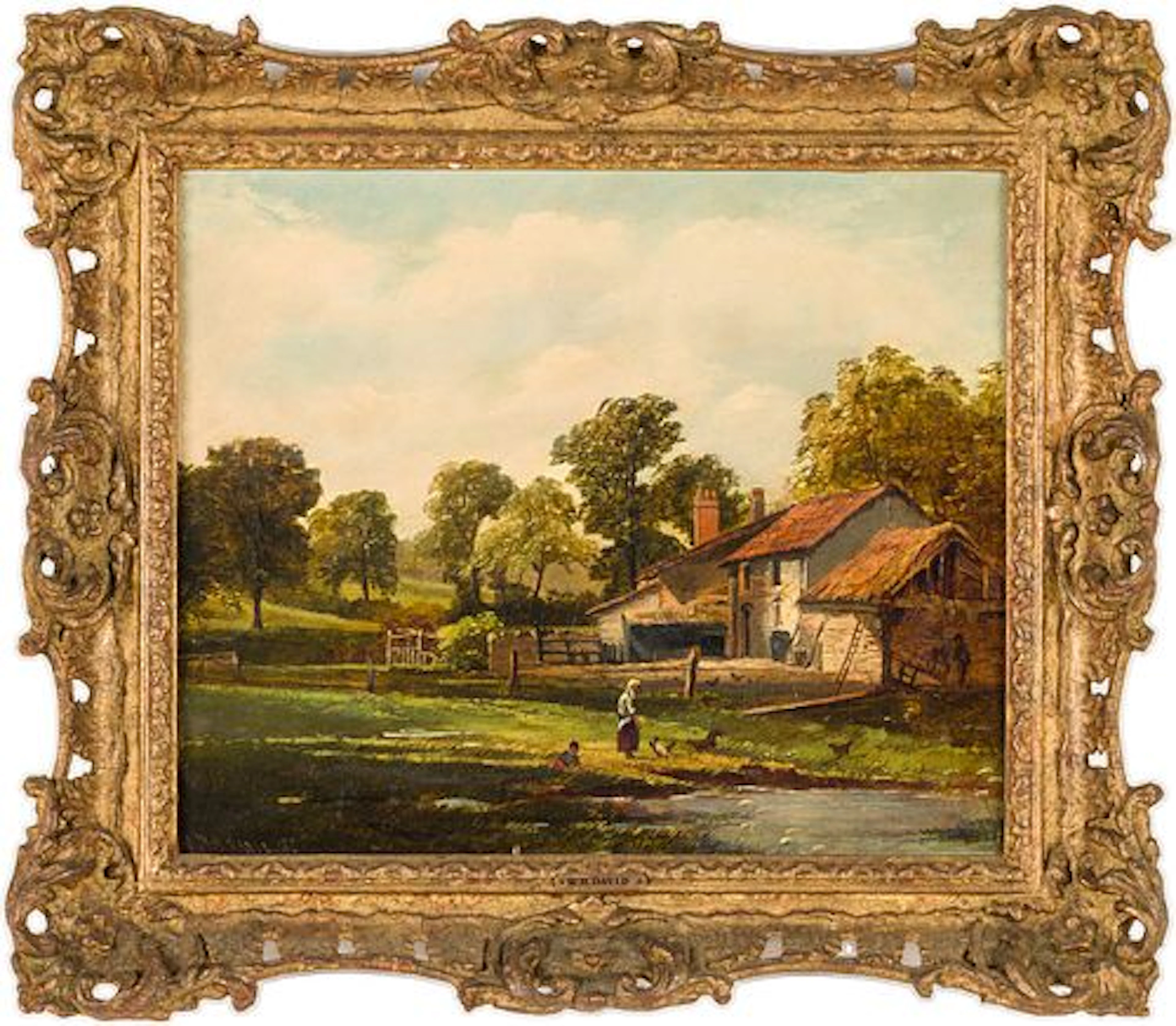 British School, Landscape Scene Farm Buildings, Oil