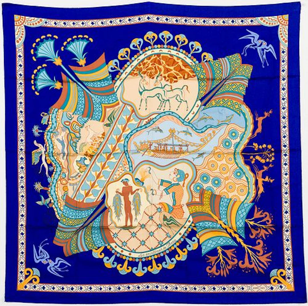 Hermes Blue Le Printemps de Thera Silk Scarf
