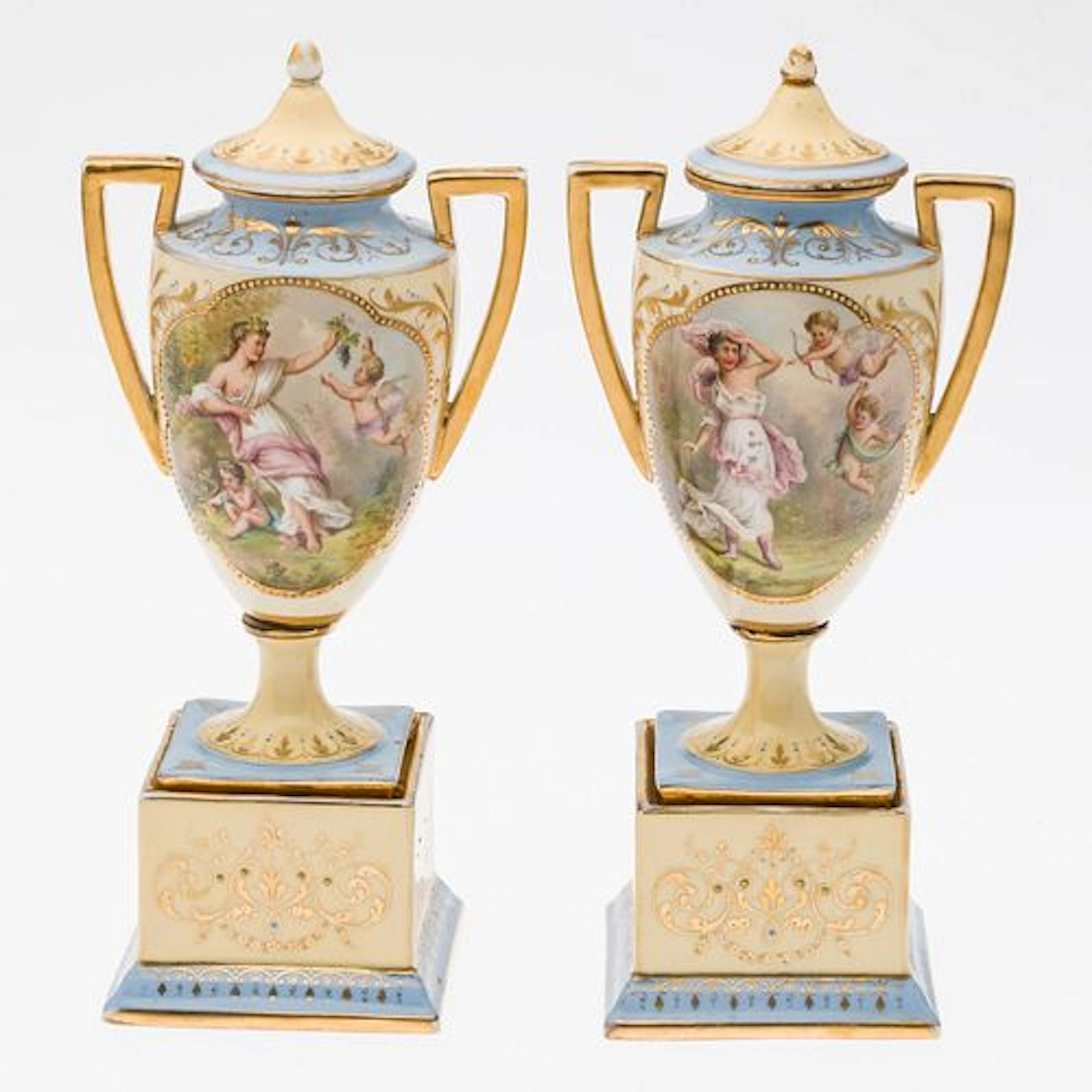 Pair of Royal Vienna Lidded Urns