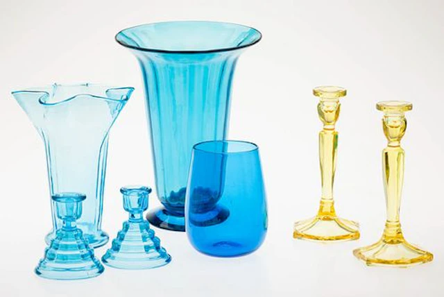 Group of Blue and Yellow Glass Articles, 7 pcs.