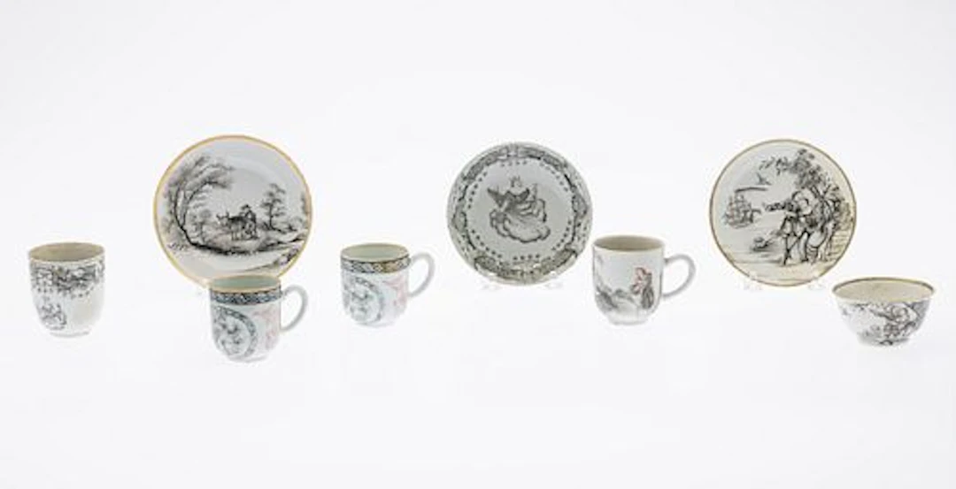 5 Chinese Export Cups & 3 Dishes en Grisaille 18th C