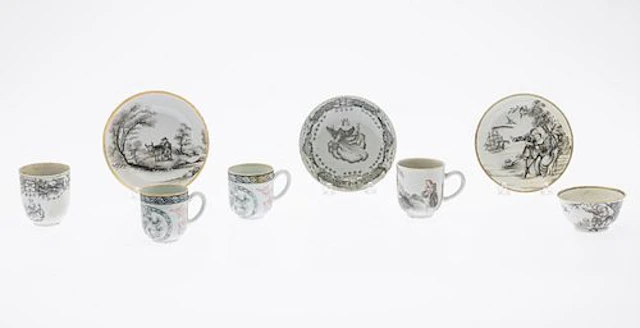 5 Chinese Export Cups & 3 Dishes en Grisaille 18th C