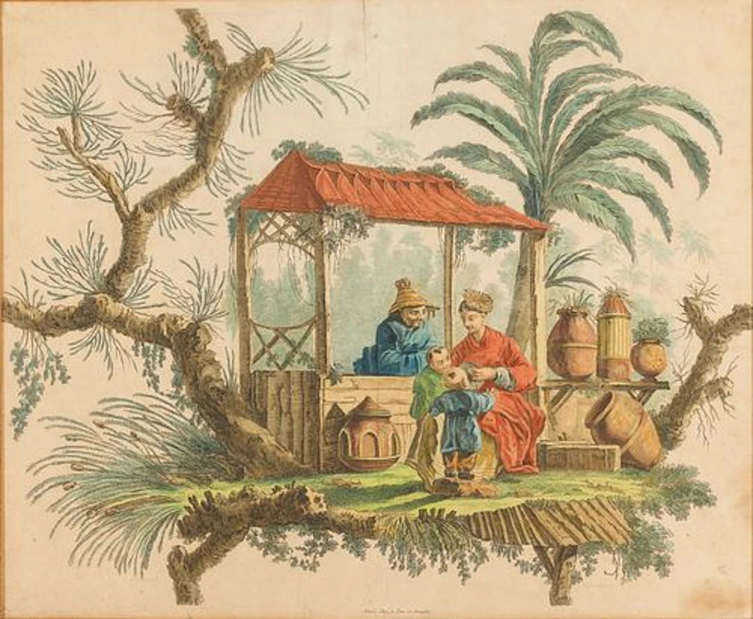 Chinoiserie Scene, Hand-Colored Print, 18th century