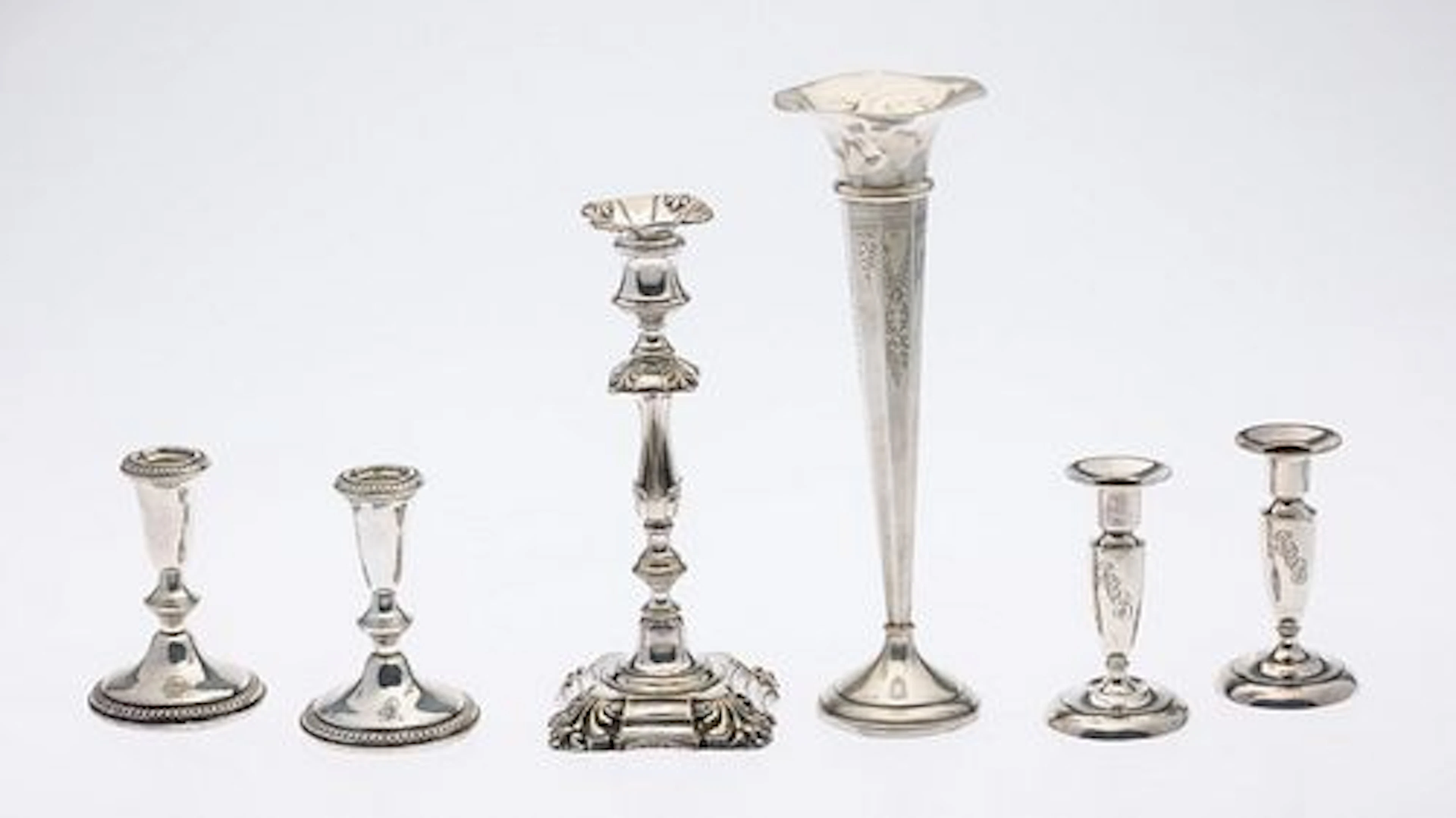 2 Prs Strling Candlesticks, Plate Candlestick & Vase