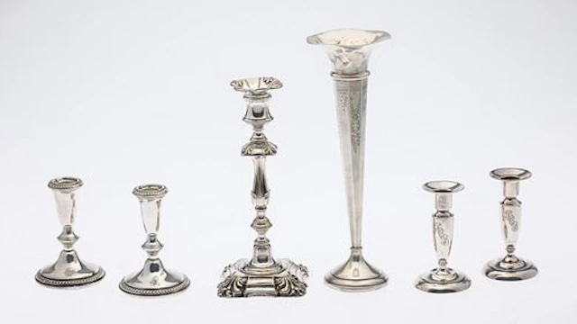 2 Prs Strling Candlesticks, Plate Candlestick & Vase