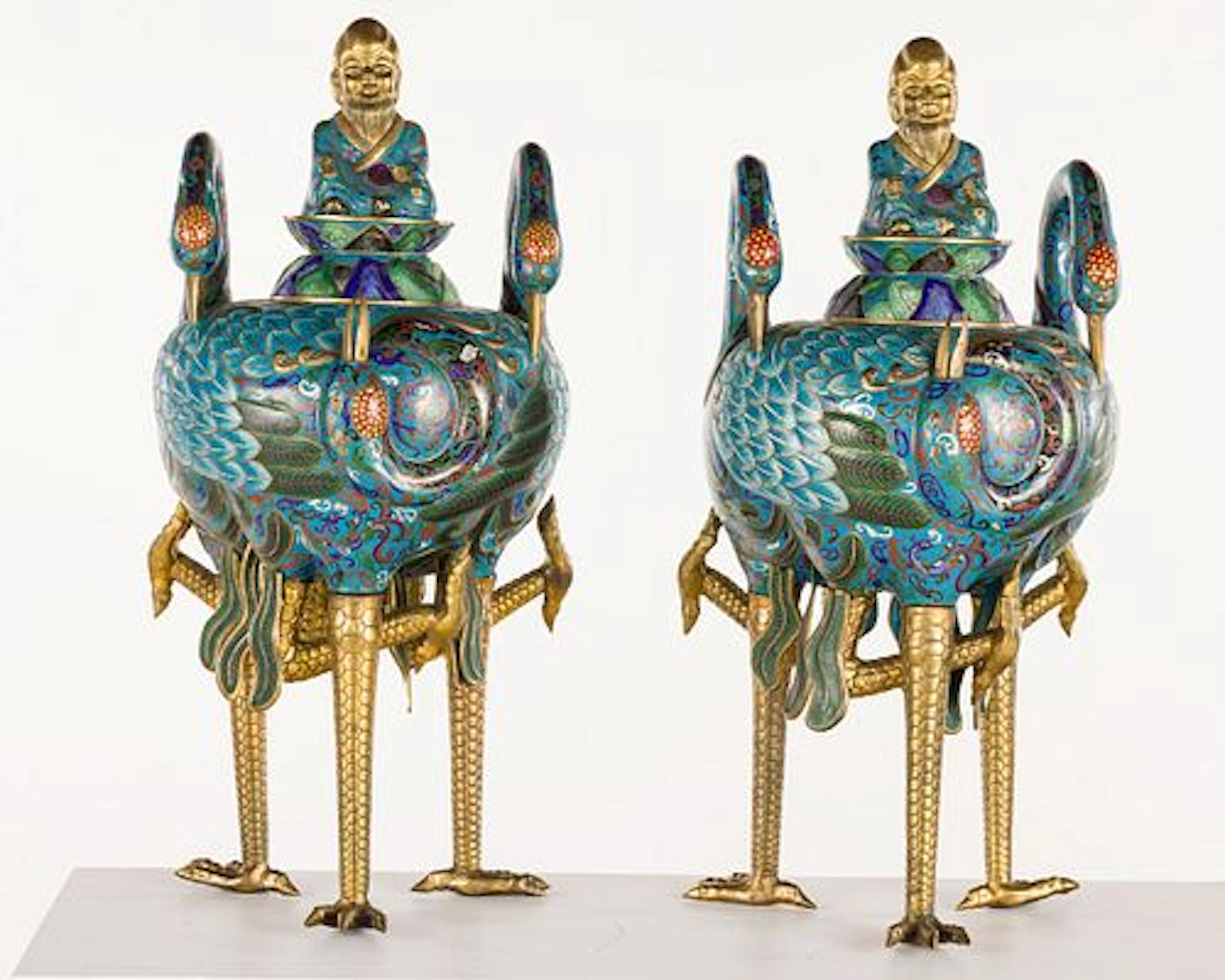 Pr Large Cloisonne Urns with Cranes