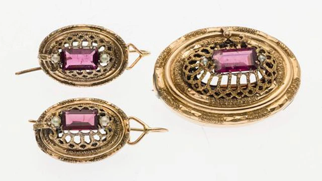 Victorian 14K Gold & Tourmaline Earrings and Pin Set